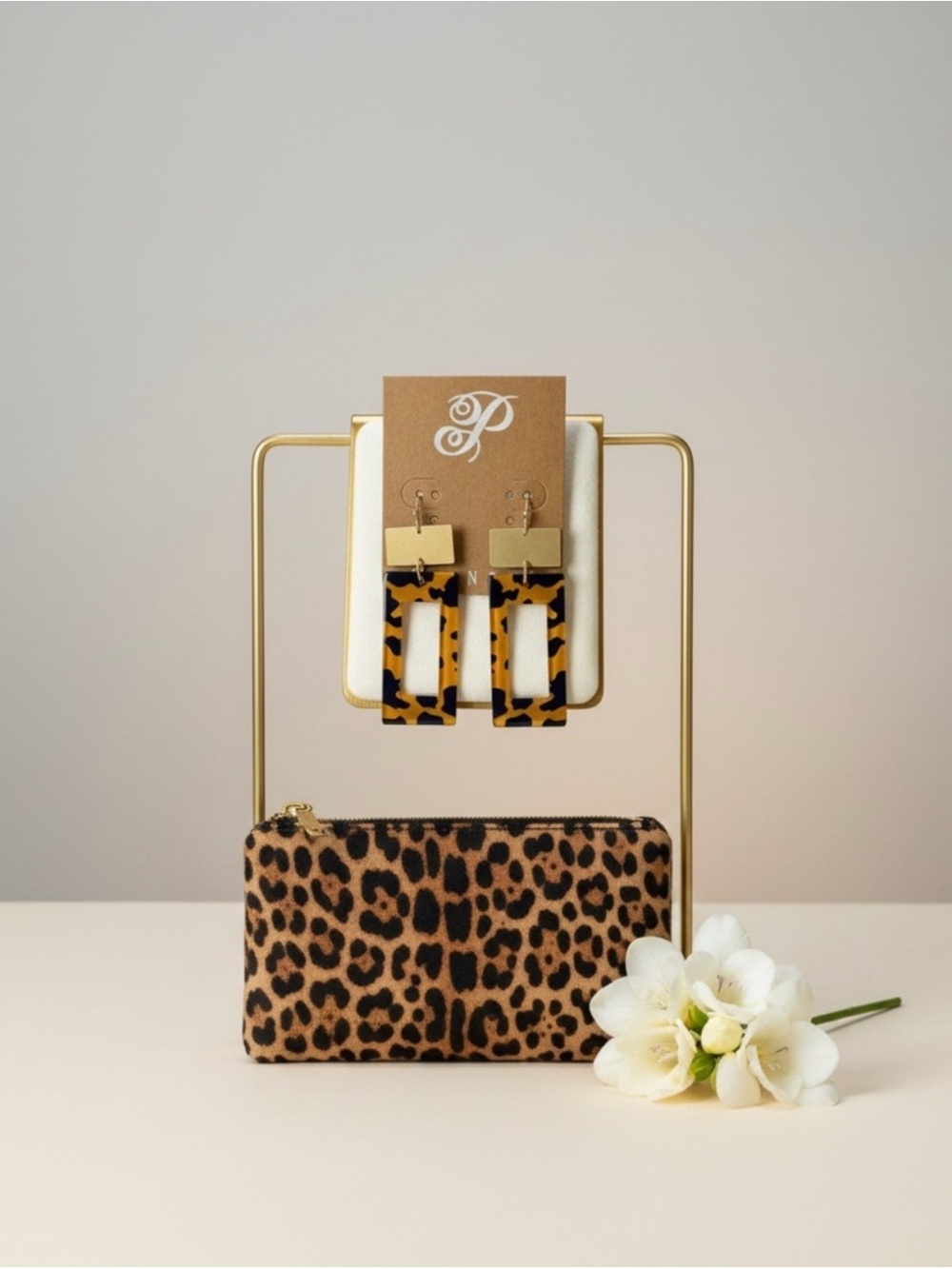Leopard Print Rectangular Gold-Tone Earrings